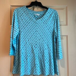 NorthStyle V-Neck‎ Blue Striped Top with 3/4 Length Sleeves, Size Medium